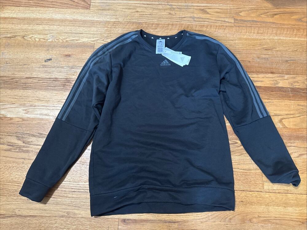Adidas Sweater Mens Sz L Black Three Stripes Crewneck Pullover Athletic Fleece